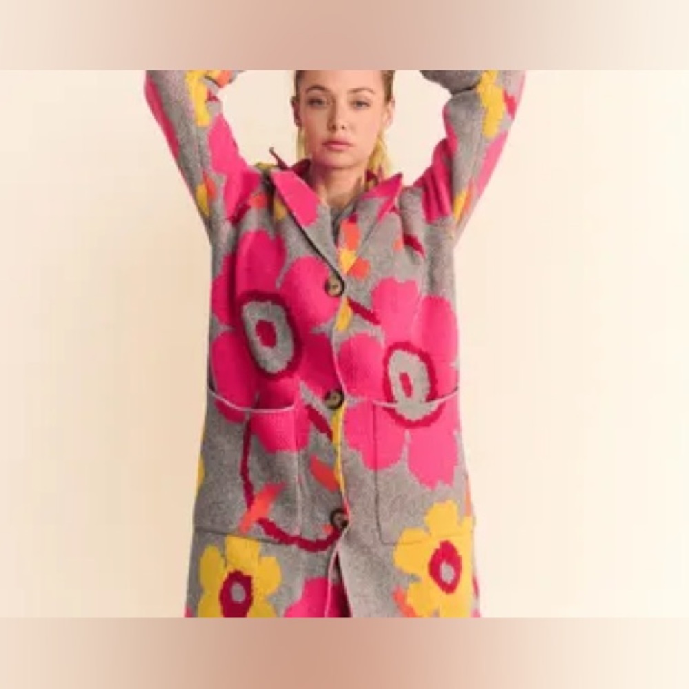 DAVI & DANI Gray Floral Knit Coat with Hot Pink & Yellow Accents